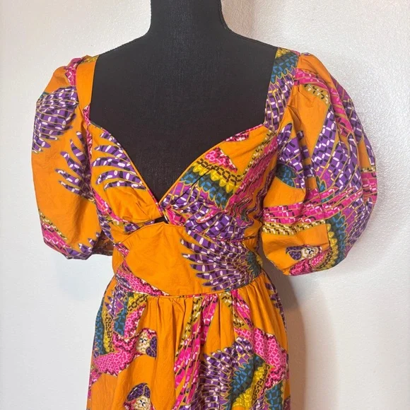 FARM RIO Macaw Puff-Sleeve Orange Midi Dress Size Large‎